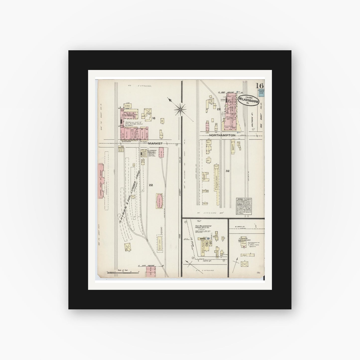 Old map wall art mockup — black gallery frame with white mat — Sanborn Fire Insurance Map from Wilkes Barre, Luzerne County, Pennsylvania (1884), Sheet #0016