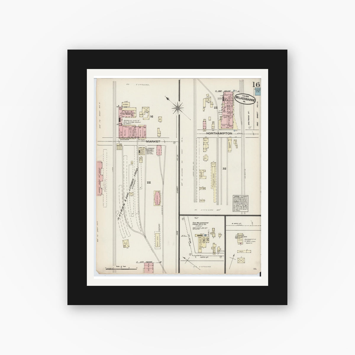 Old map wall art mockup — black gallery frame with white mat — Sanborn Fire Insurance Map from Wilkes Barre, Luzerne County, Pennsylvania (1884), Sheet #0016