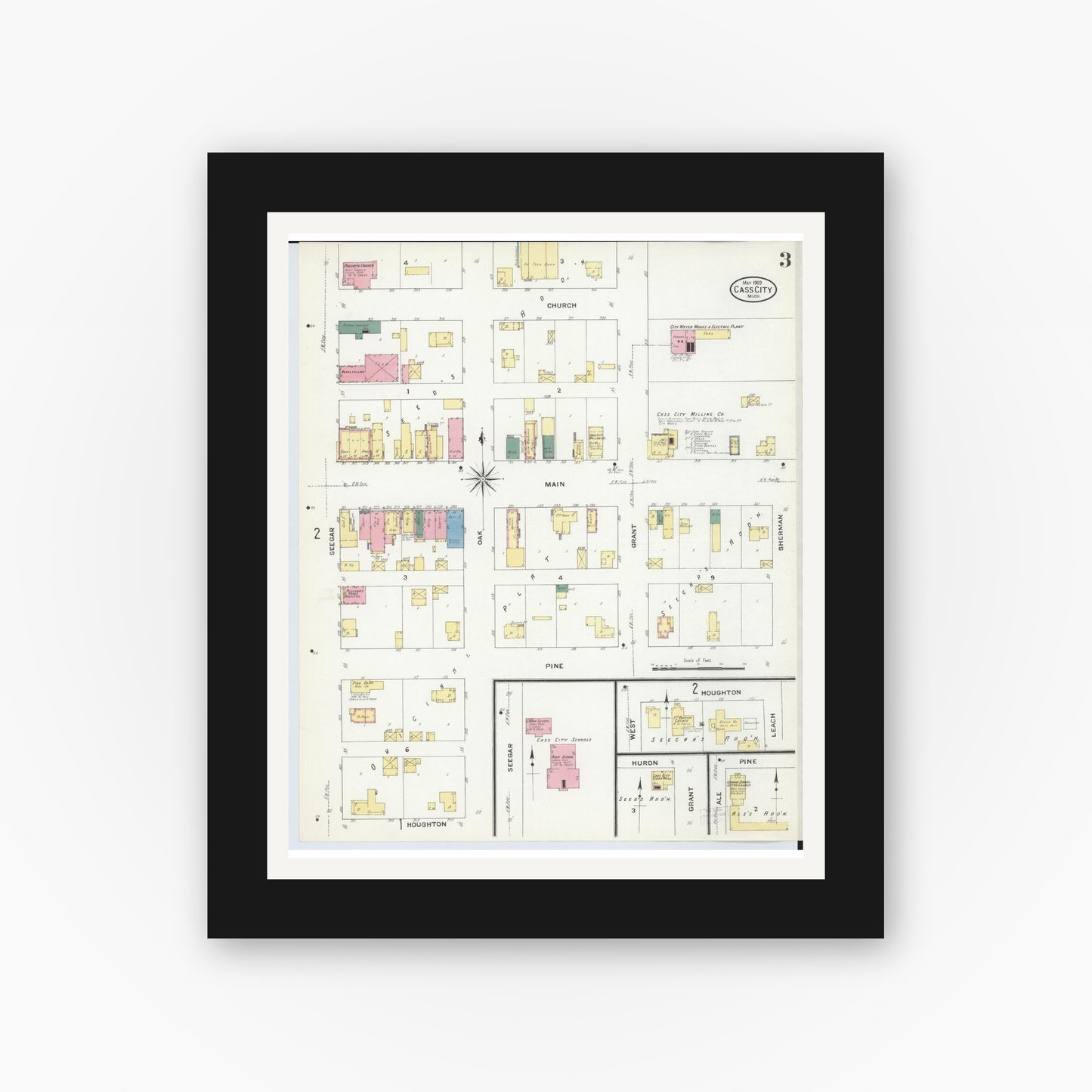 Old map wall art mockup — black gallery frame with white mat — Sanborn Fire Insurance Map from Cass City, Tuscola County, Michigan (1909), Sheet #0003
