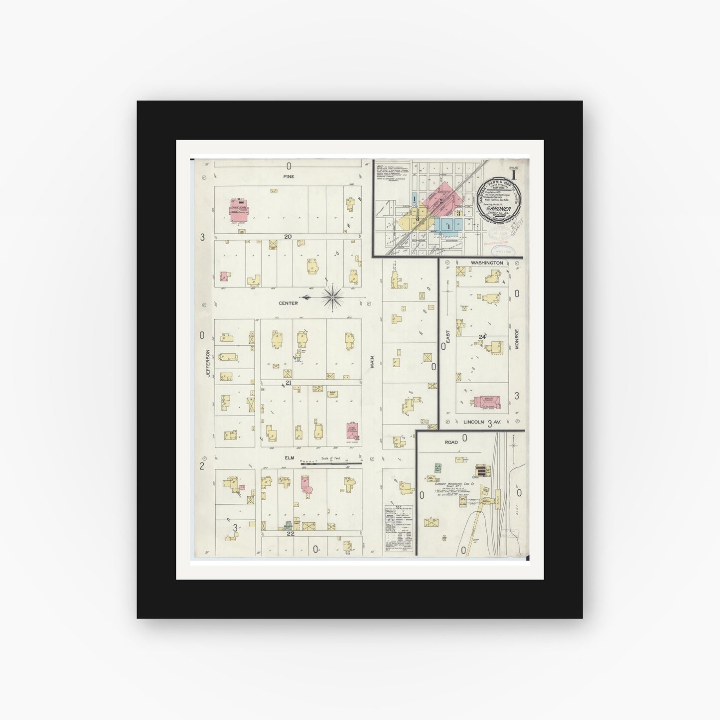 Old map wall art mockup — black gallery frame with white mat — Sanborn Fire Insurance Map from Gardner, Grundy County, Illinois (1898) - Complete Map Set