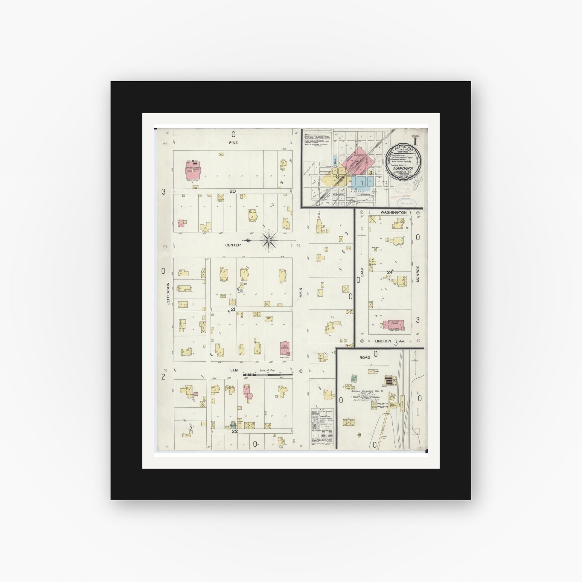 Old map wall art mockup — black gallery frame with white mat — Sanborn Fire Insurance Map from Gardner, Grundy County, Illinois (1898) - Complete Map Set