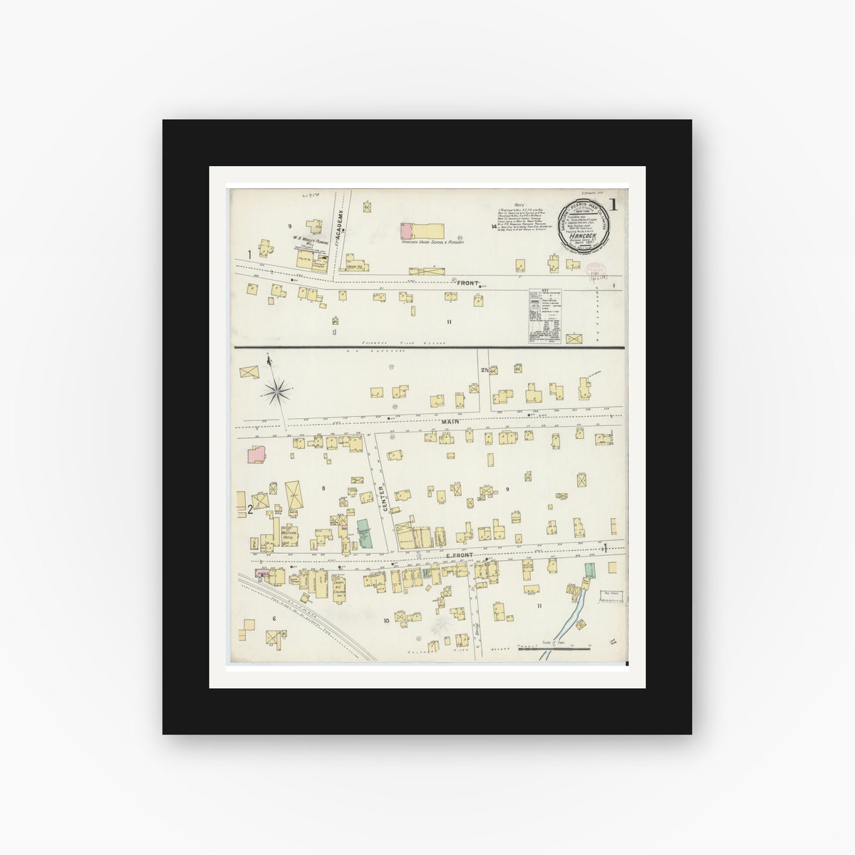 Old map wall art mockup — black gallery frame with white mat — Sanborn Fire Insurance Map from Hancock, Delaware County, New York (1897) - Complete Map Set