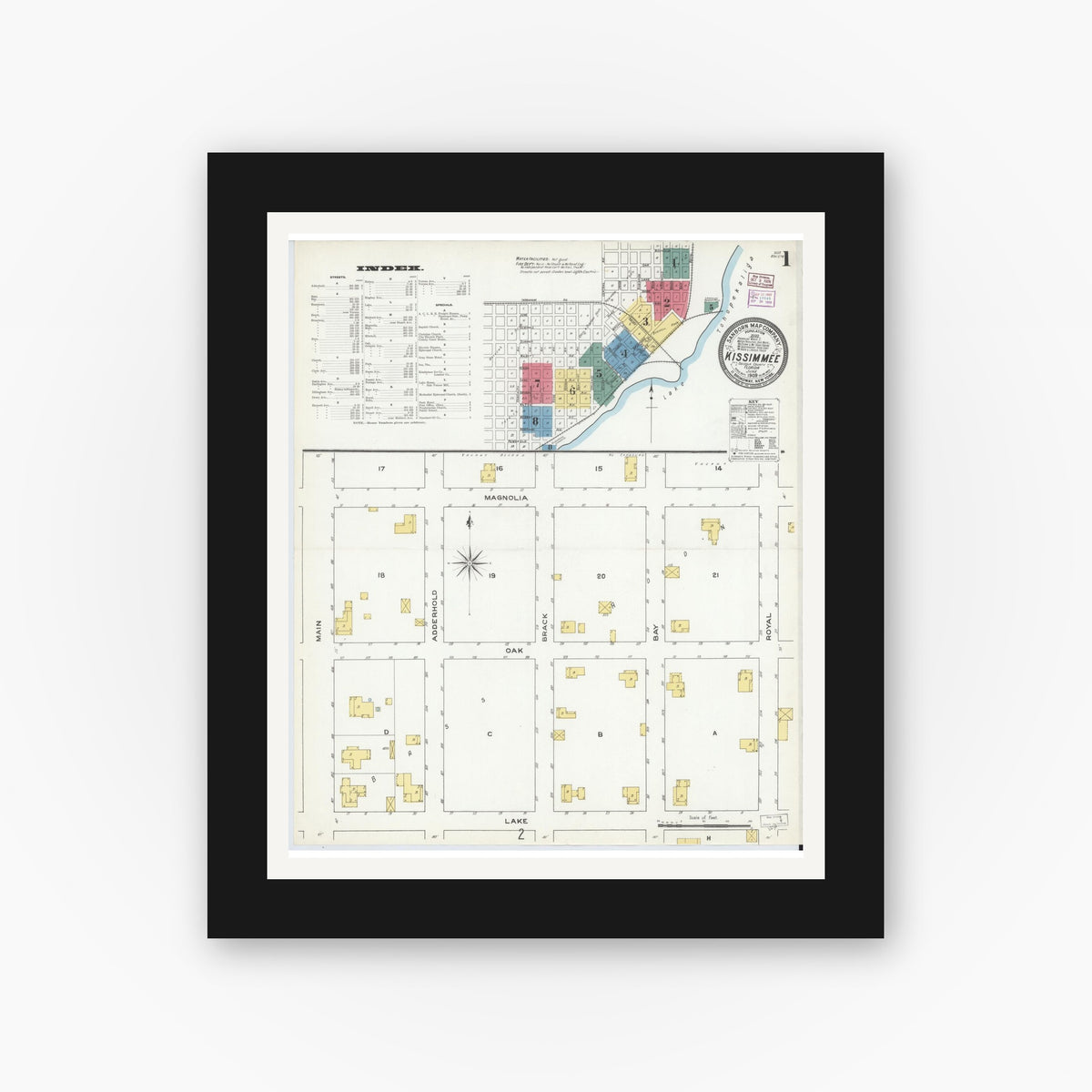 Old map wall art mockup — black gallery frame with white mat — Sanborn Fire Insurance Map from Kissimmee, Osceola County, Florida (1909), Sheet #0001