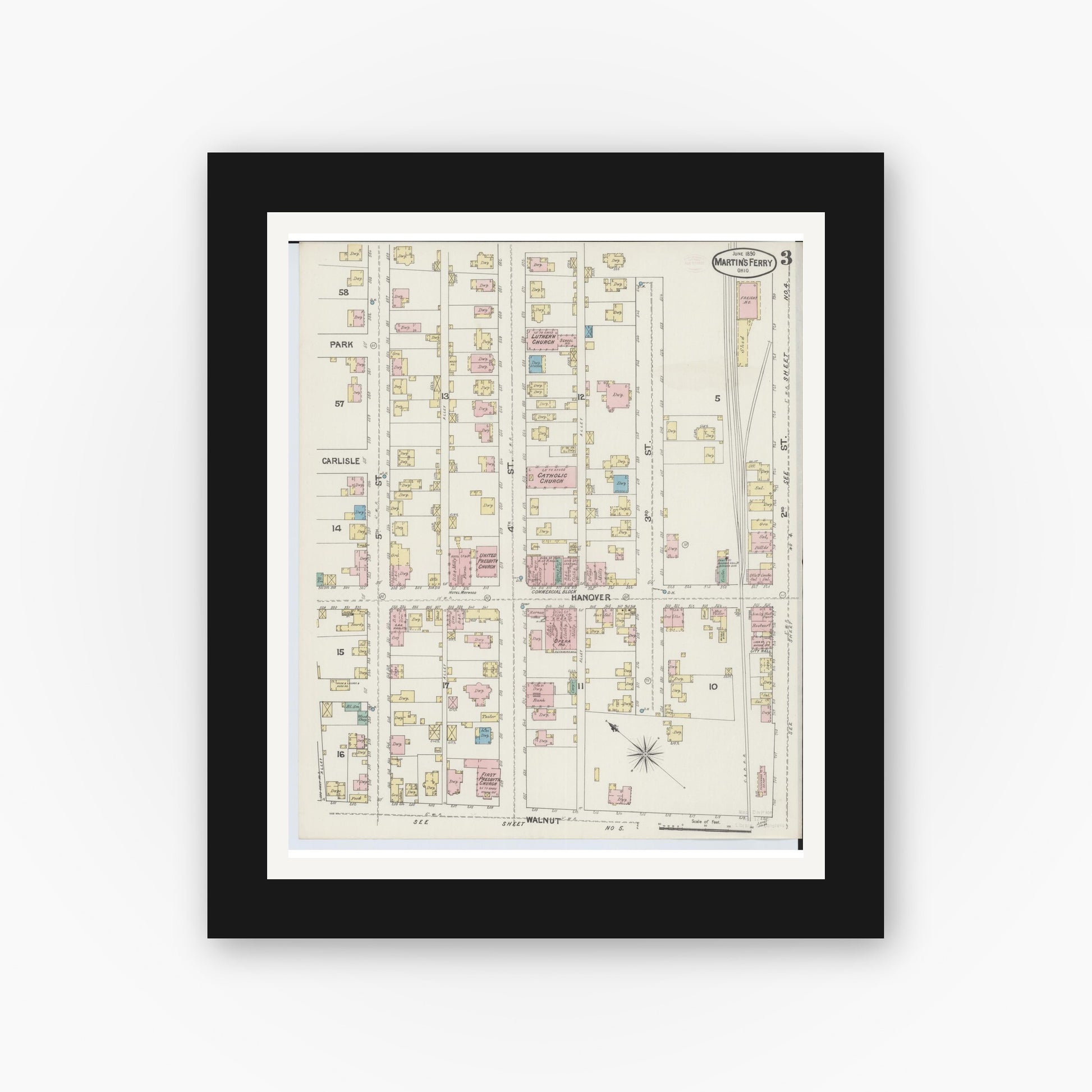 Old map wall art mockup — black gallery frame with white mat — Sanborn Fire Insurance Map from Martins Ferry, Belmont County, Ohio (1890), Sheet #0003