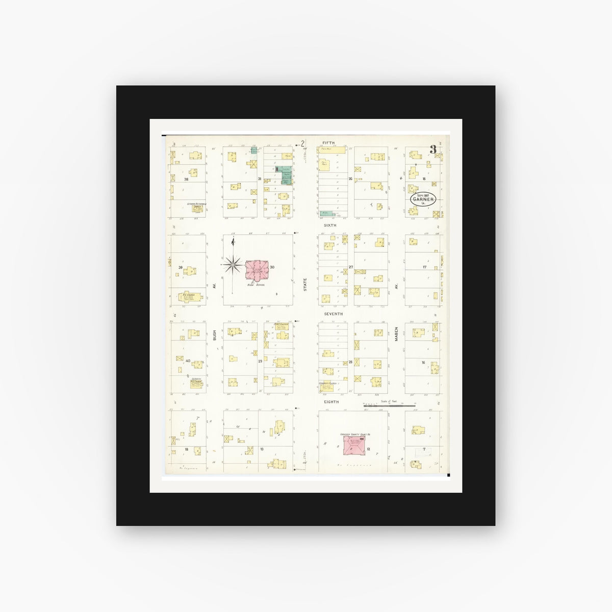 Old map wall art mockup — black gallery frame with white mat — Sanborn Fire Insurance Map from Garner, Hancock County, Iowa (1907), Sheet #0003