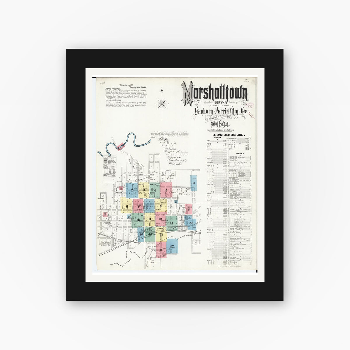 Old map wall art mockup — black gallery frame with white mat — Sanborn Fire Insurance Map from Marshalltown, Marshall County, Iowa (1894), Sheet #0001