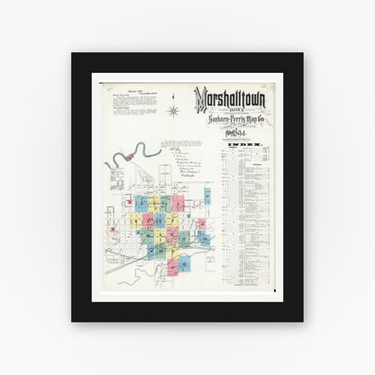Old map wall art mockup — black gallery frame with white mat — Sanborn Fire Insurance Map from Marshalltown, Marshall County, Iowa (1894), Sheet #0001