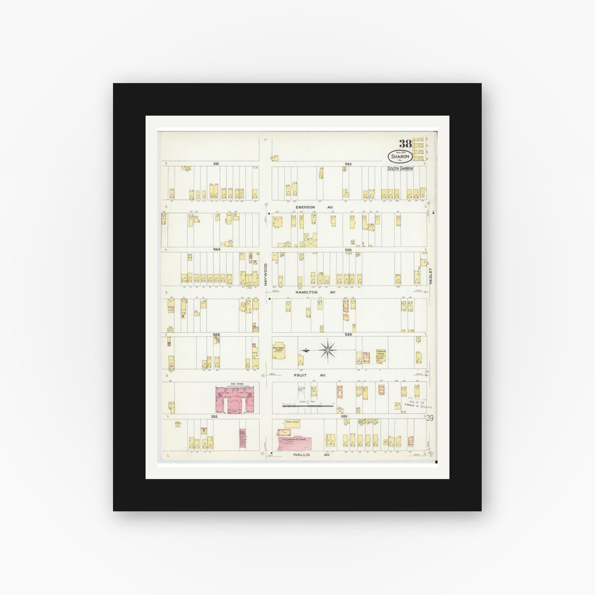 Old map wall art mockup — black gallery frame with white mat — Sanborn Fire Insurance Map from Sharon, Mercer County, Pennsylvania (1908), Sheet #0038