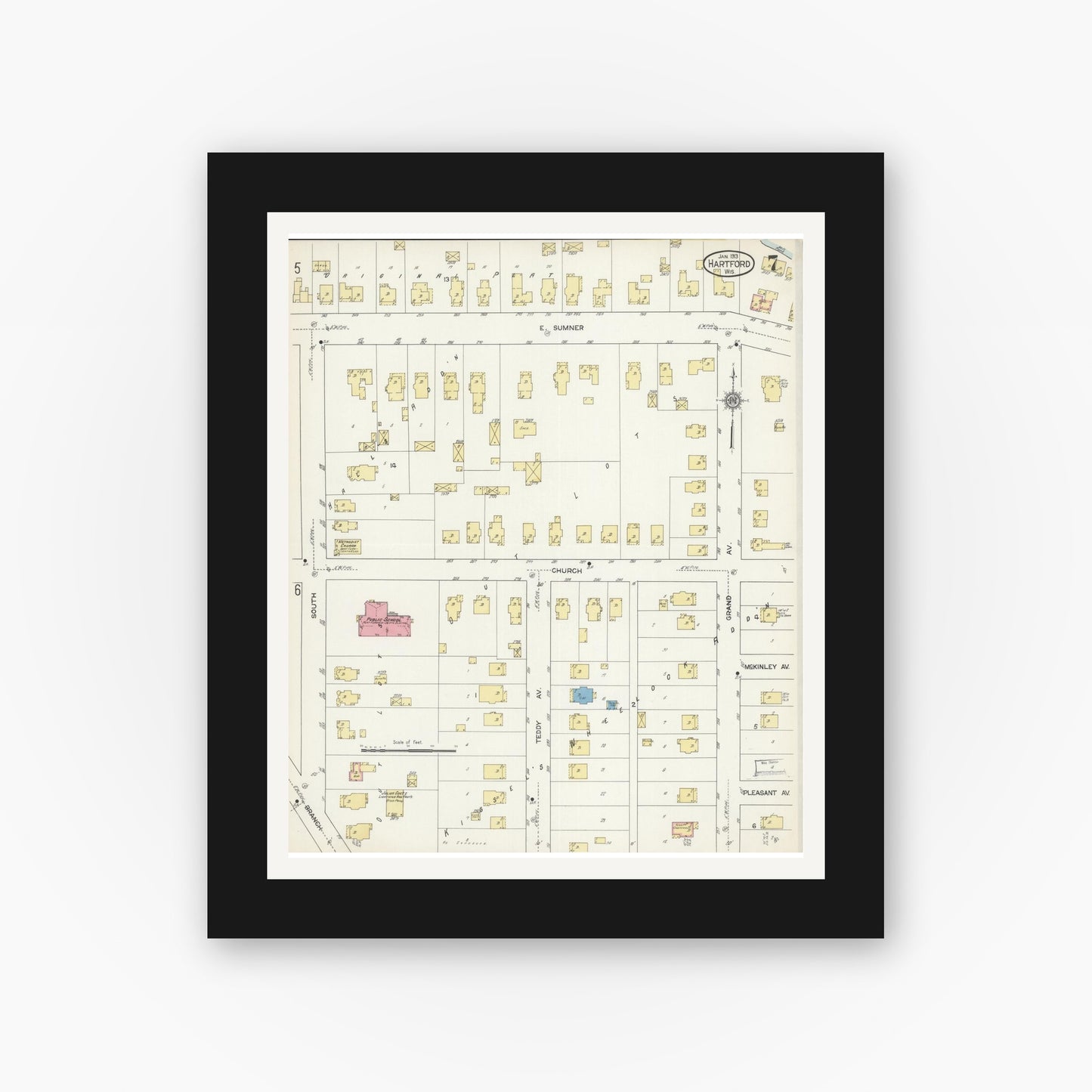 Old map wall art mockup — black gallery frame with white mat — Sanborn Fire Insurance Map from Hartford, Washington County, Wisconsin (1913), Sheet #0007