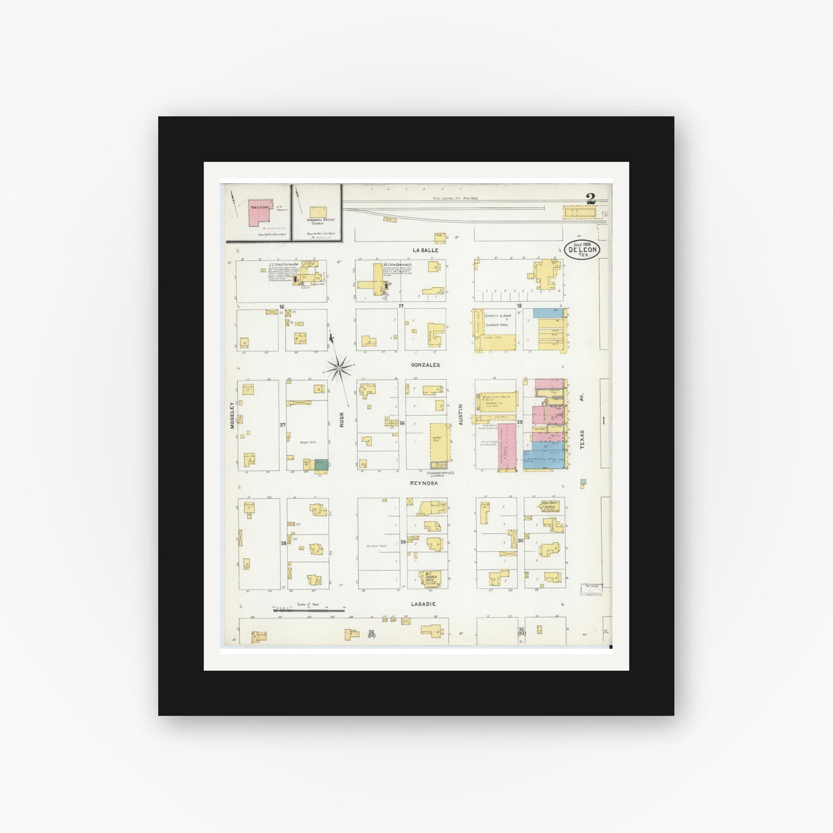 Old map wall art mockup — black gallery frame with white mat — Sanborn Fire Insurance Map from De Leon, Comanche County, Texas (1905), Sheet #0002