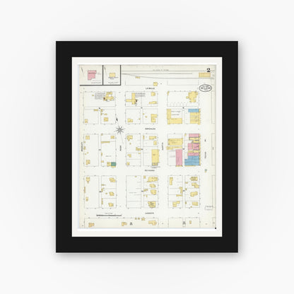 Old map wall art mockup — black gallery frame with white mat — Sanborn Fire Insurance Map from De Leon, Comanche County, Texas (1905), Sheet #0002