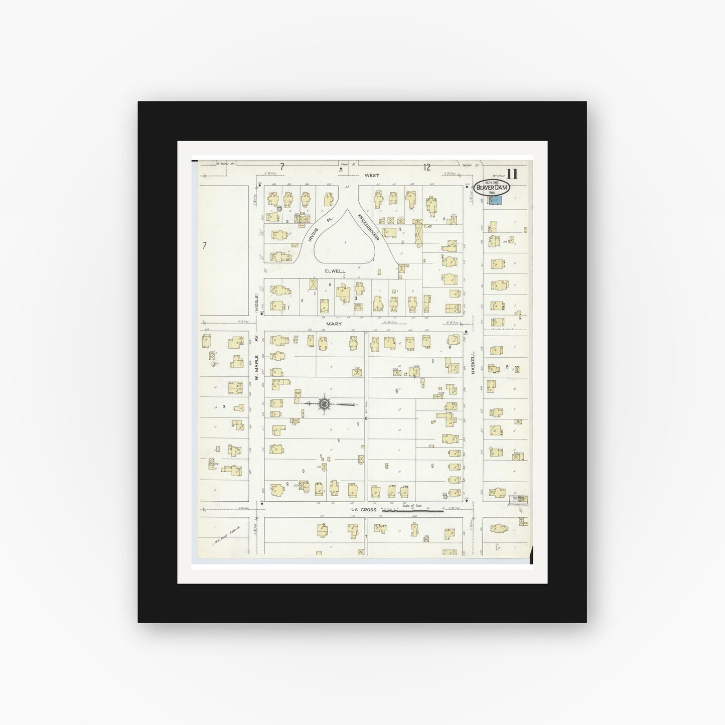 Old map wall art mockup — black gallery frame with white mat — Sanborn Fire Insurance Map from Beaver Dam, Dodge County, Wisconsin (1914), Sheet #0011