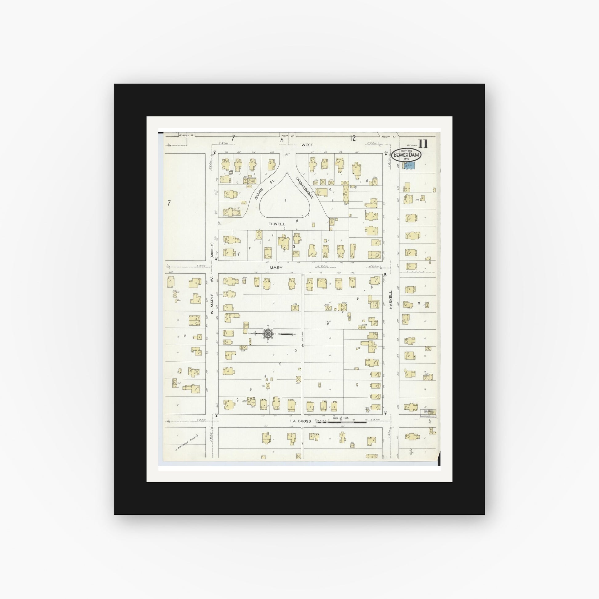 Old map wall art mockup — black gallery frame with white mat — Sanborn Fire Insurance Map from Beaver Dam, Dodge County, Wisconsin (1914), Sheet #0011