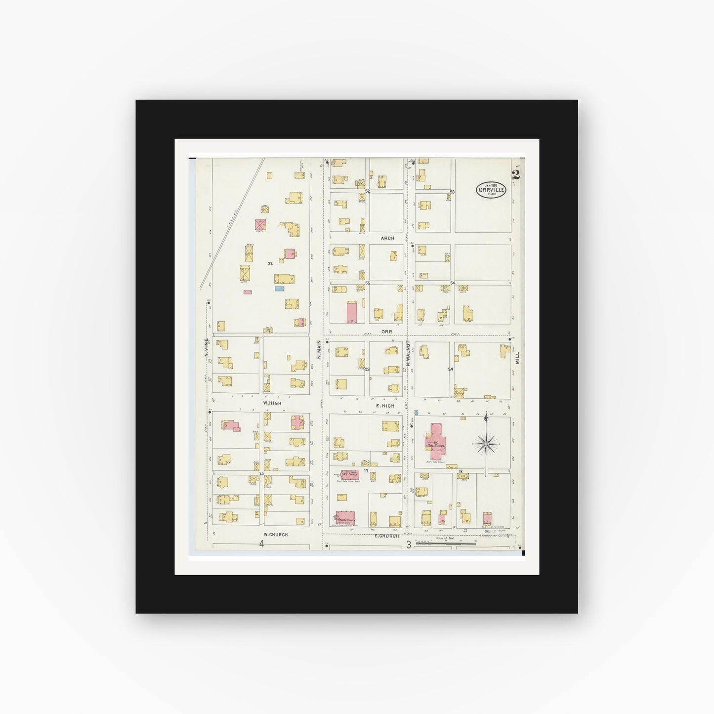 Old map wall art mockup — black gallery frame with white mat — Sanborn Fire Insurance Map from Orrville, Wayne County, Ohio (1899), Sheet #0002