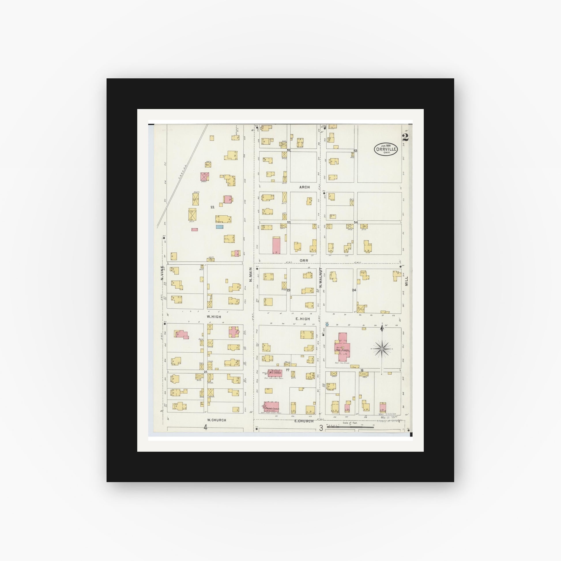 Old map wall art mockup — black gallery frame with white mat — Sanborn Fire Insurance Map from Orrville, Wayne County, Ohio (1899), Sheet #0002
