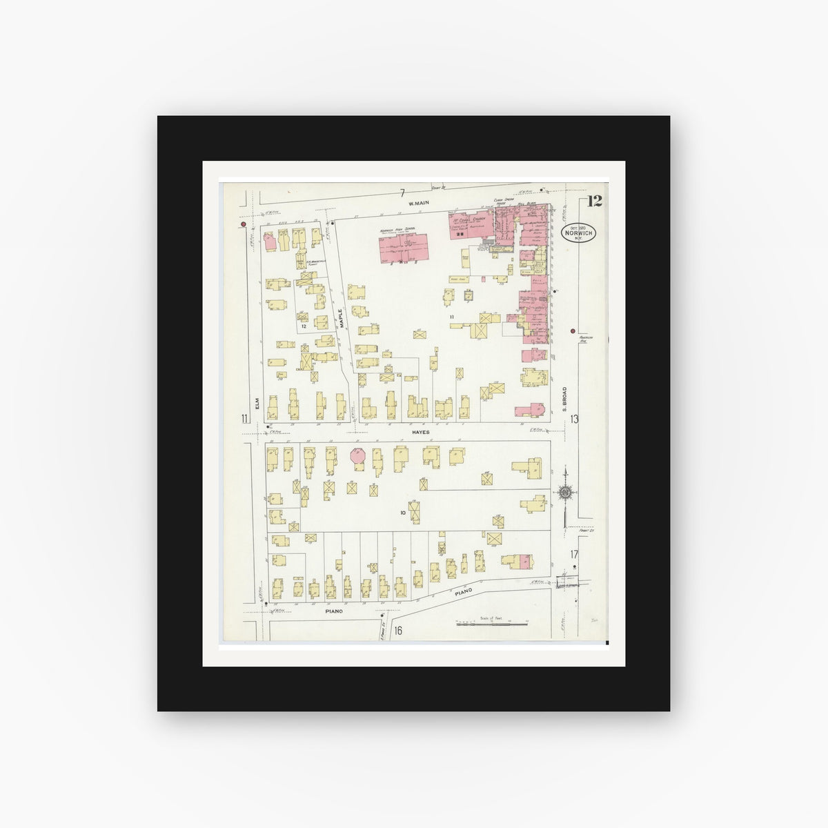 Old map wall art mockup — black gallery frame with white mat — Sanborn Fire Insurance Map from Norwich, Chenango County, New York (1910), Sheet #0012