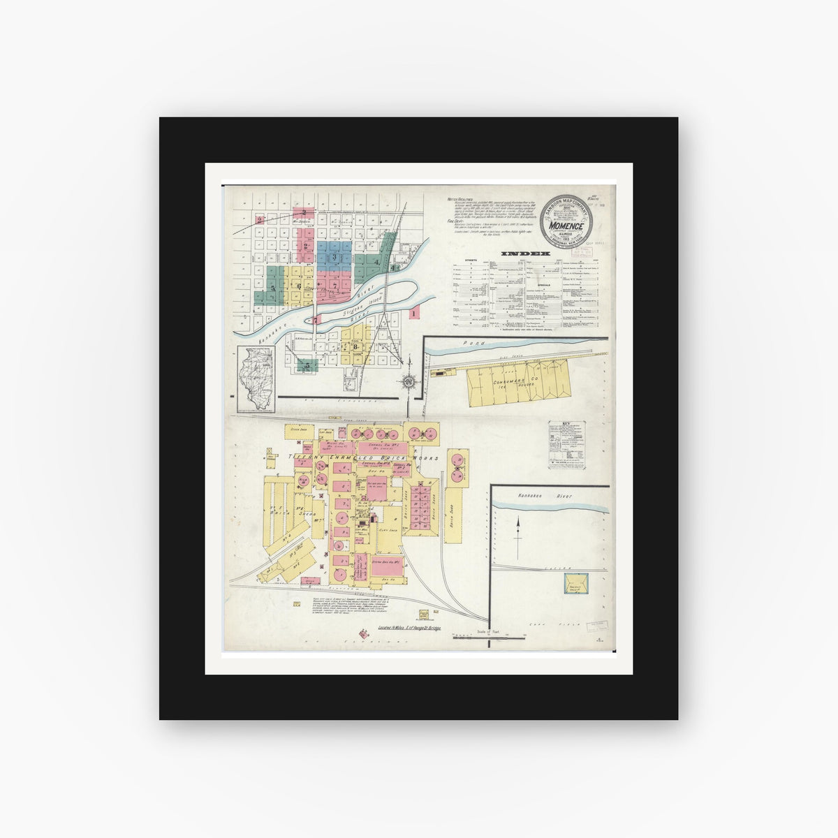 Old map wall art mockup — black gallery frame with white mat — Sanborn Fire Insurance Map from Momence, Kankakee County, Illinois (1913) - Complete Map Set