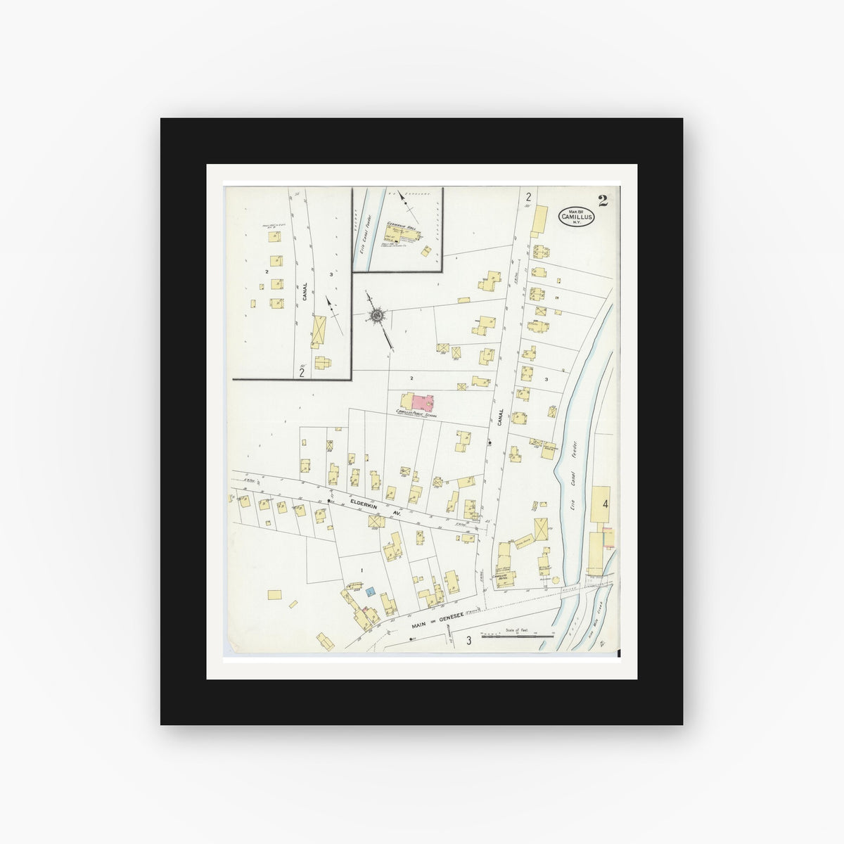 Old map wall art mockup — black gallery frame with white mat — Sanborn Fire Insurance Map from Camillus, Onondaga County, New York (1911), Sheet #0002