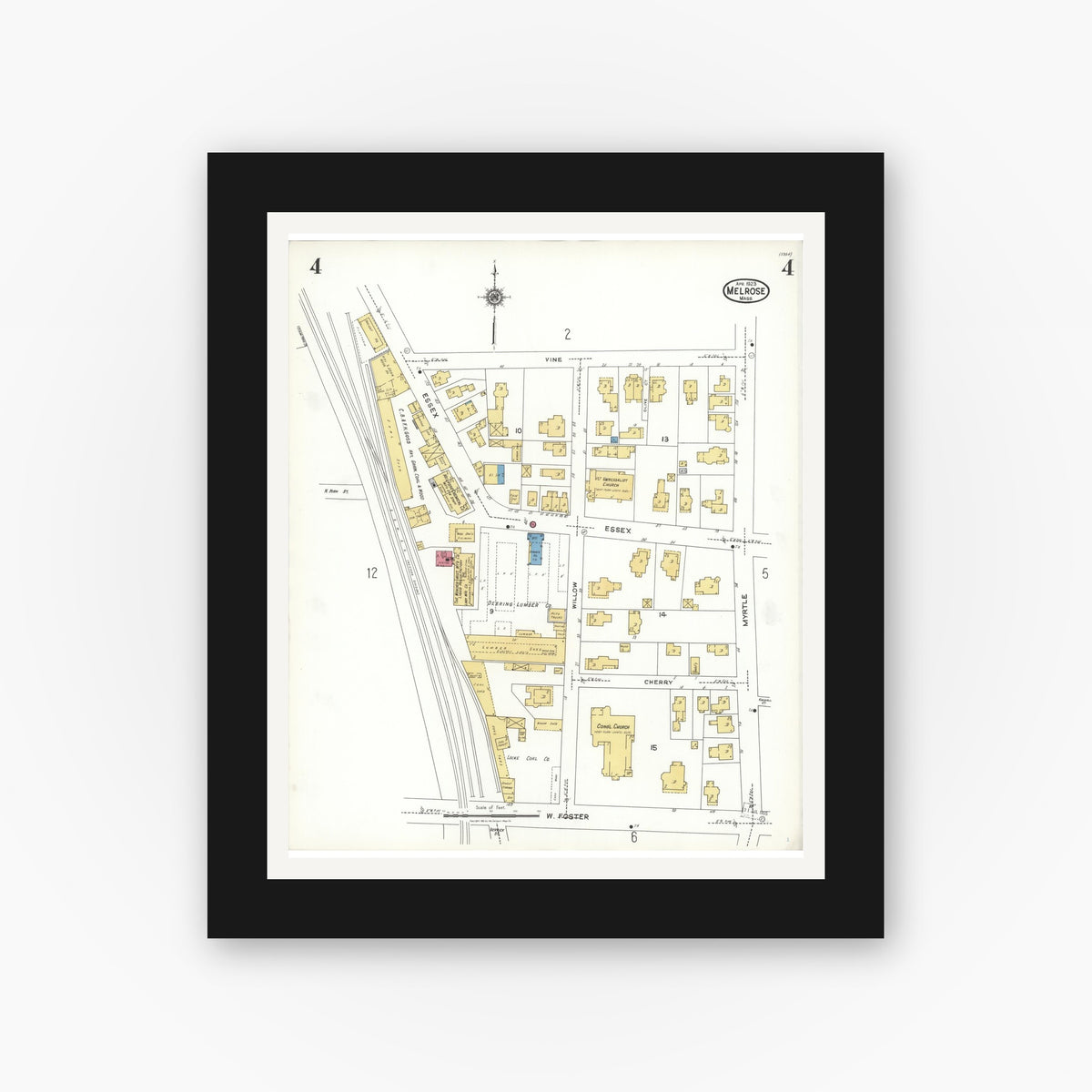 Old map wall art mockup — black gallery frame with white mat — Sanborn Fire Insurance Map from Melrose, Middlesex County, Massachusetts (1923), Sheet #0004