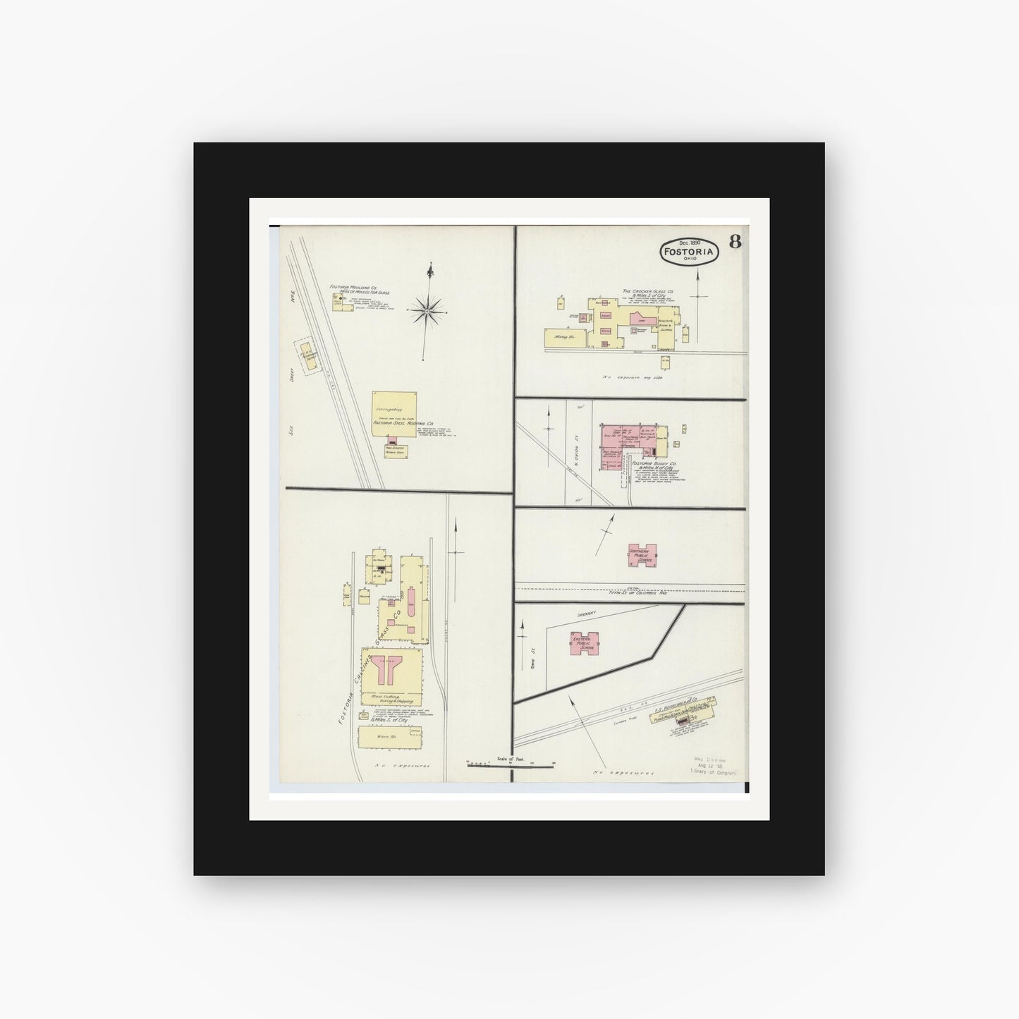 Old map wall art mockup — black gallery frame with white mat — Sanborn Fire Insurance Map from Fostoria, Seneca, Hancock, And Wood Counties, Ohio (1891), Sheet #0008