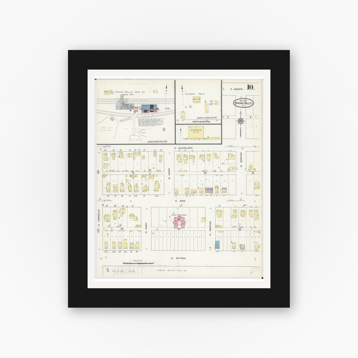 Old map wall art mockup — black gallery frame with white mat — Sanborn Fire Insurance Map from Spring Valley, Bureau County, Illinois (1913), Sheet #0010