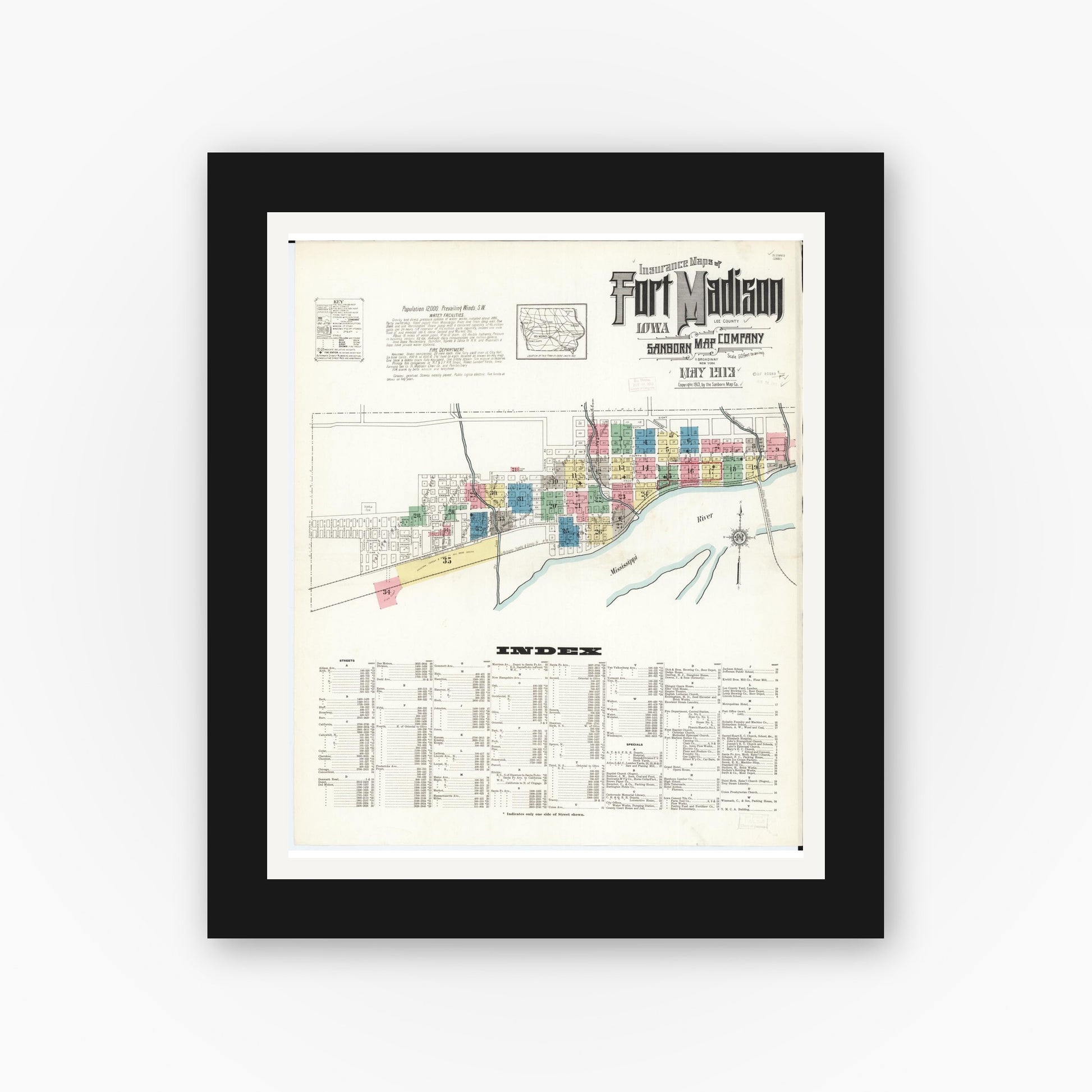 Old map wall art mockup — black gallery frame with white mat — Sanborn Fire Insurance Map from Fort Madison, Lee County, Iowa (1913), Sheet #0001