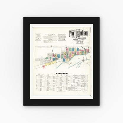 Old map wall art mockup — black gallery frame with white mat — Sanborn Fire Insurance Map from Fort Madison, Lee County, Iowa (1913), Sheet #0001