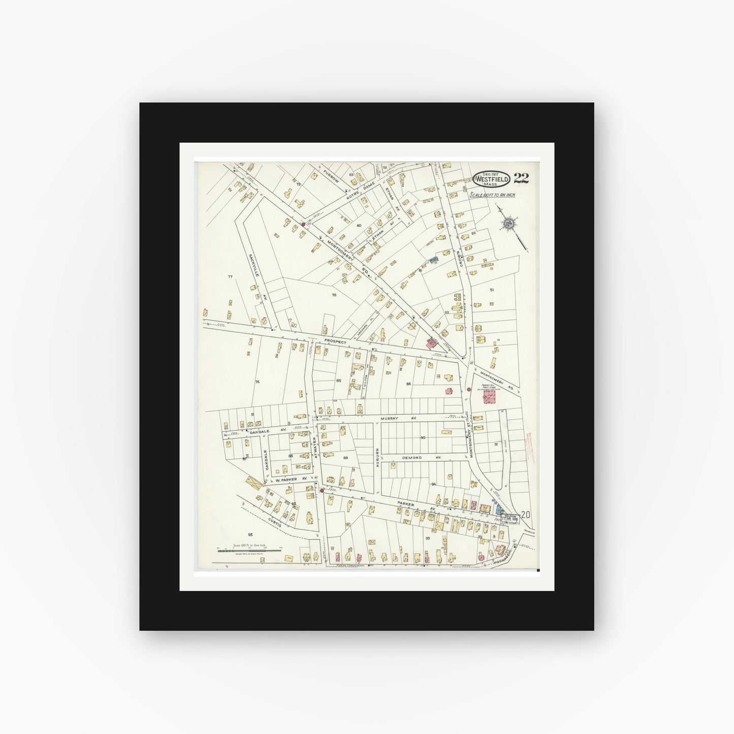 Old map wall art mockup — black gallery frame with white mat — Sanborn Fire Insurance Map from Westfield, Hampden County, Massachusetts (1917), Sheet #0022