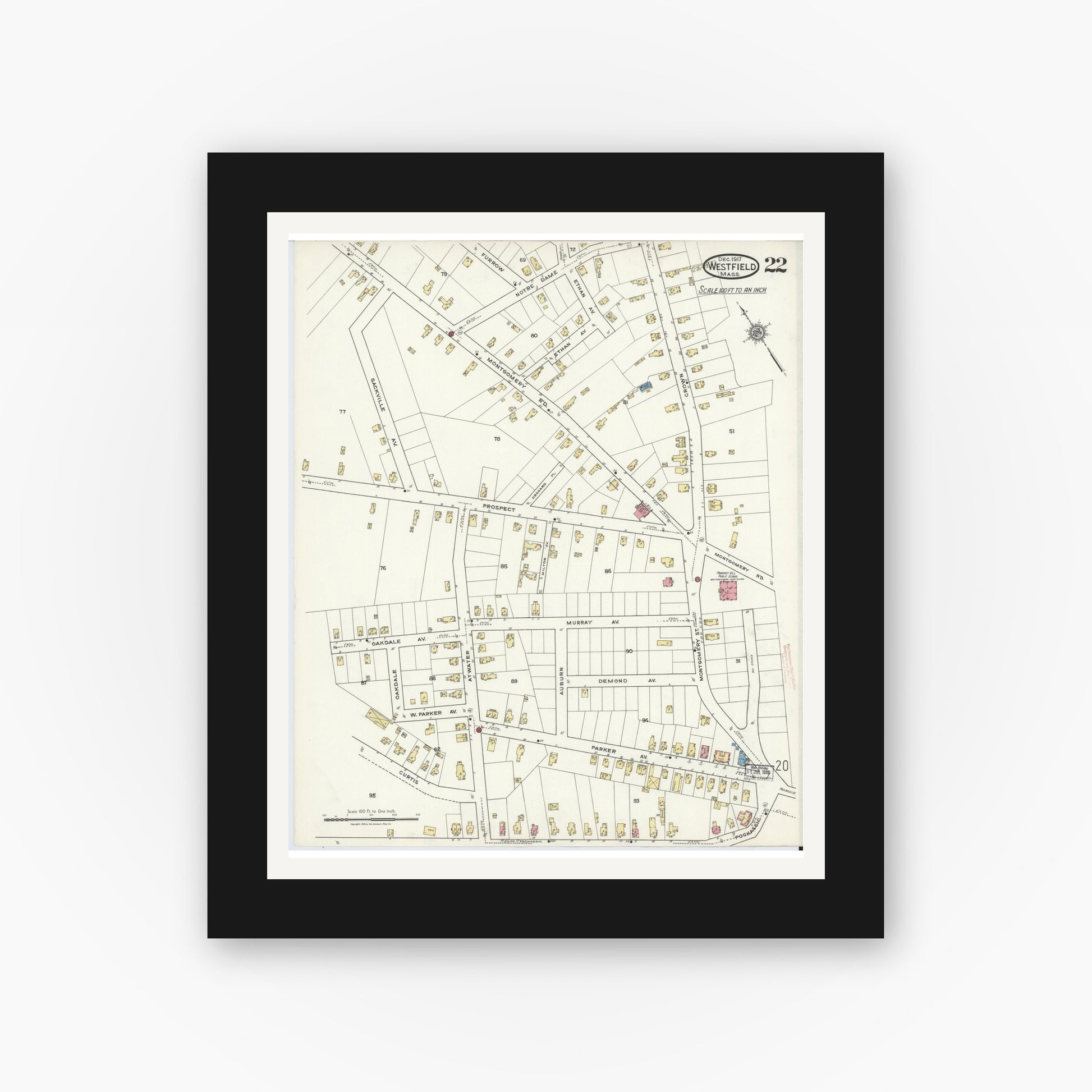 Old map wall art mockup — black gallery frame with white mat — Sanborn Fire Insurance Map from Westfield, Hampden County, Massachusetts (1917), Sheet #0022