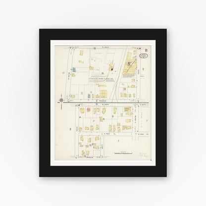 Old map wall art mockup — black gallery frame with white mat — Sanborn Fire Insurance Map from Corry, Erie County, Pennsylvania (1915), Sheet #0008