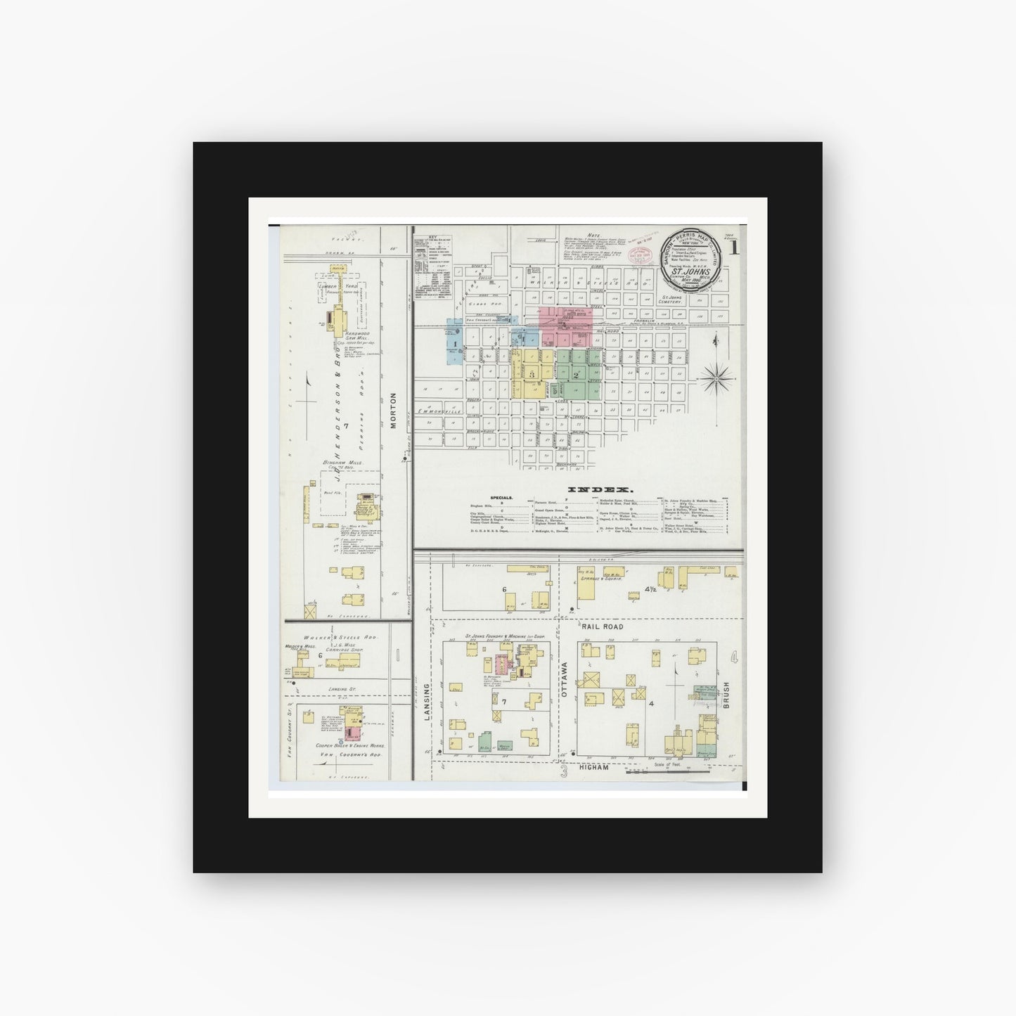 Old map wall art mockup — black gallery frame with white mat — Sanborn Fire Insurance Map from Saint Johns, Clinton County, Michigan (1895) - Complete Map Set