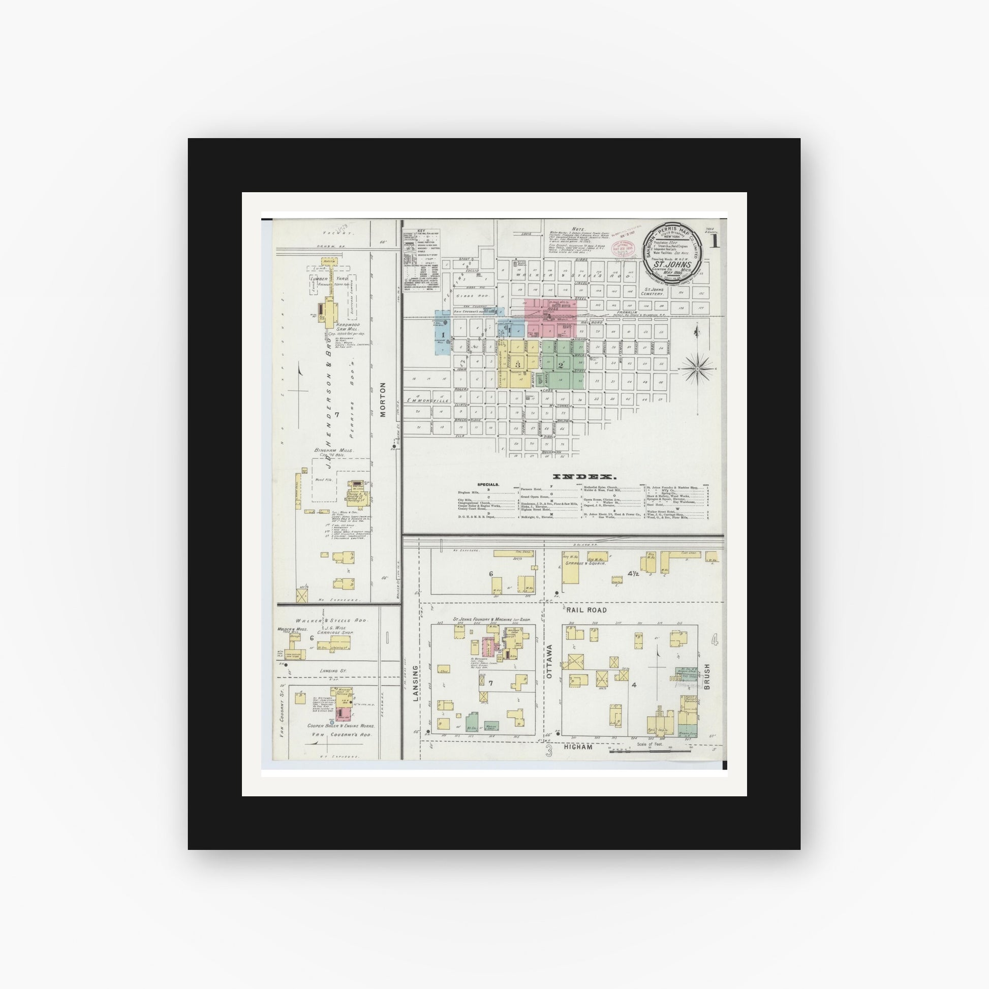 Old map wall art mockup — black gallery frame with white mat — Sanborn Fire Insurance Map from Saint Johns, Clinton County, Michigan (1895) - Complete Map Set