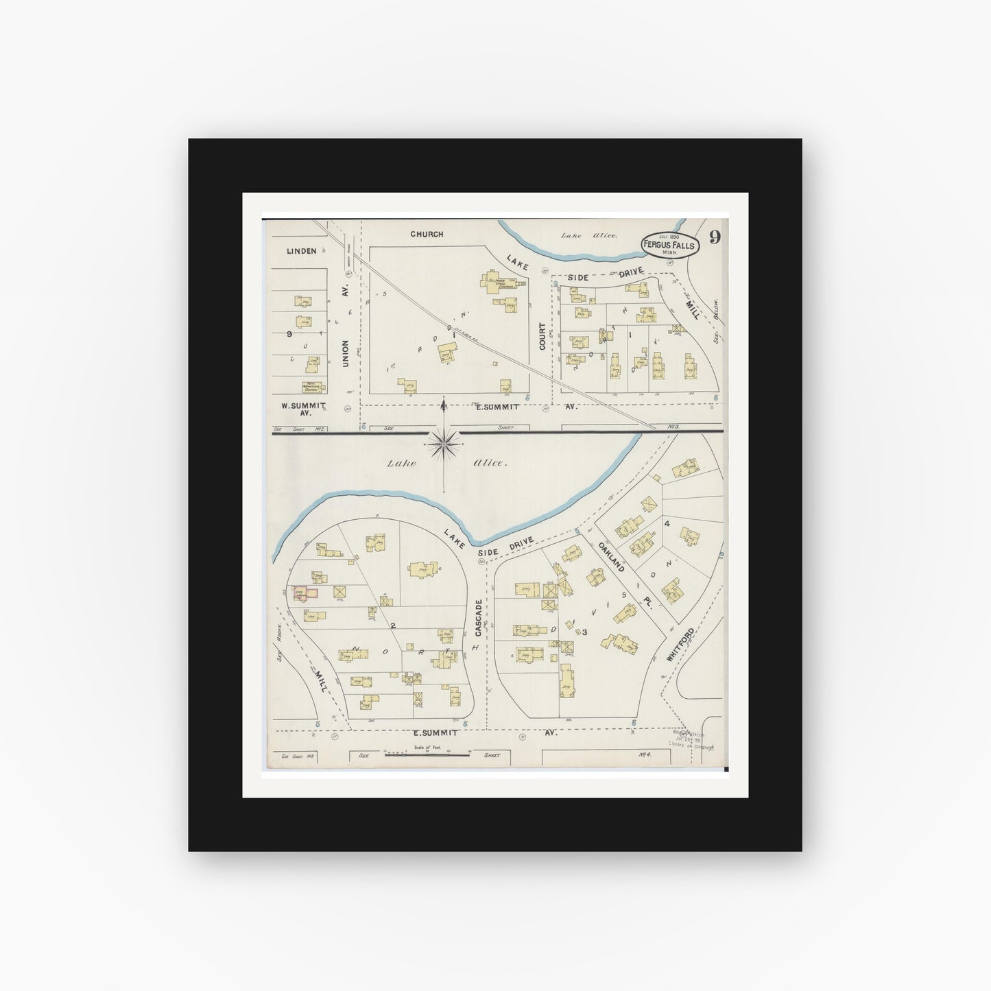 Old map wall art mockup — black gallery frame with white mat — Sanborn Fire Insurance Map from Fergus Falls, Otter Tail County, Minnesota (1890), Sheet #0009