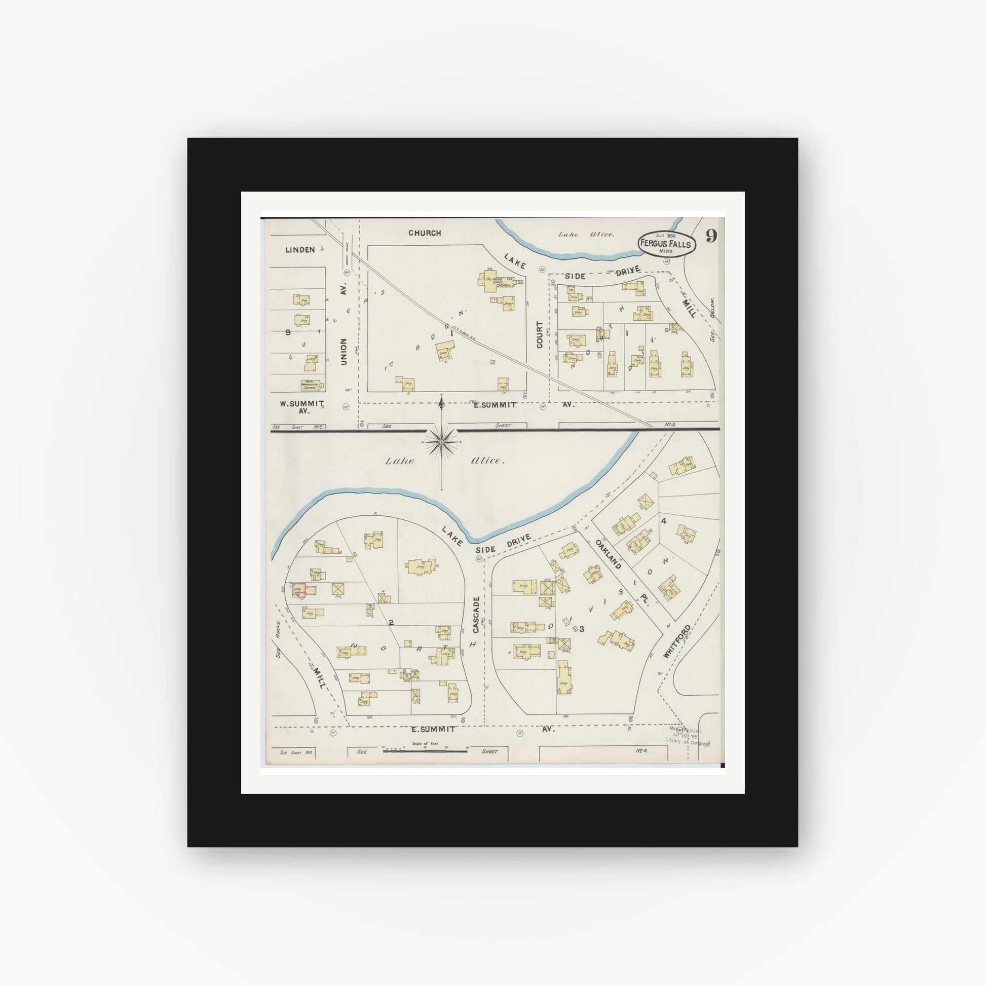 Old map wall art mockup — black gallery frame with white mat — Sanborn Fire Insurance Map from Fergus Falls, Otter Tail County, Minnesota (1890), Sheet #0009