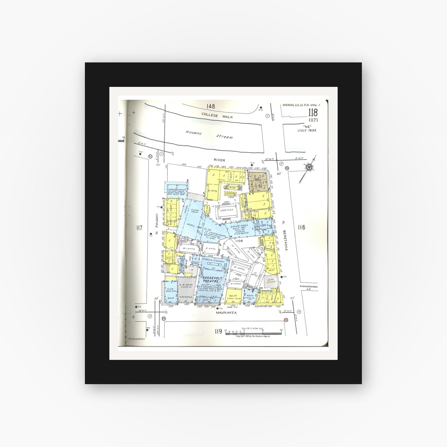 Old map wall art mockup — black gallery frame with white mat — Sanborn Fire Insurance Map from Honolulu, Oahu County, Hawaii (1955), Sheet #0118