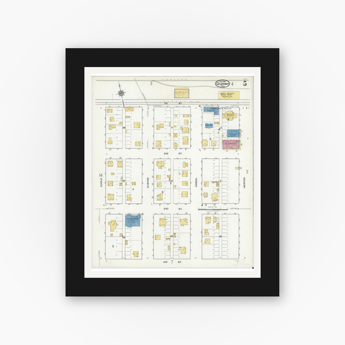 Old map wall art mockup — black gallery frame with white mat — Sanborn Fire Insurance Map from Quanah, Hardeman County, Texas (1921), Sheet #0005