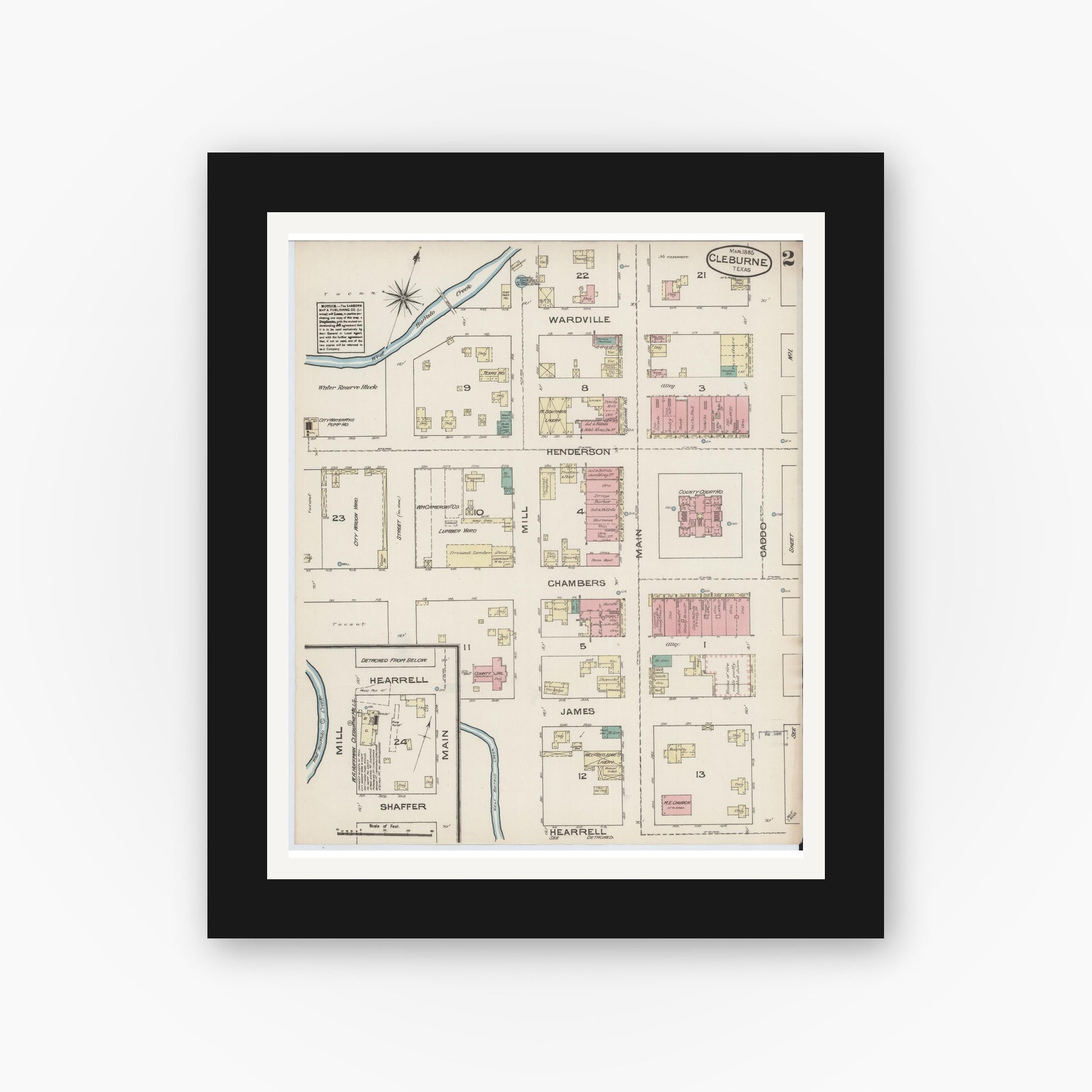 Old map wall art mockup — black gallery frame with white mat — Sanborn Fire Insurance Map from Cleburne, Johnson County, Texas (1885), Sheet #0002