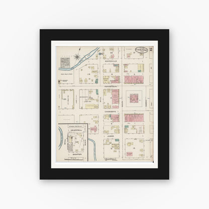 Old map wall art mockup — black gallery frame with white mat — Sanborn Fire Insurance Map from Cleburne, Johnson County, Texas (1885), Sheet #0002