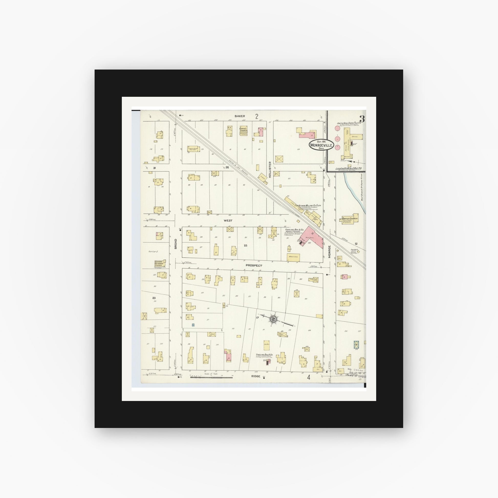Old map wall art mockup — black gallery frame with white mat — Sanborn Fire Insurance Map from Monroeville, Huron County, Ohio (1911), Sheet #0003