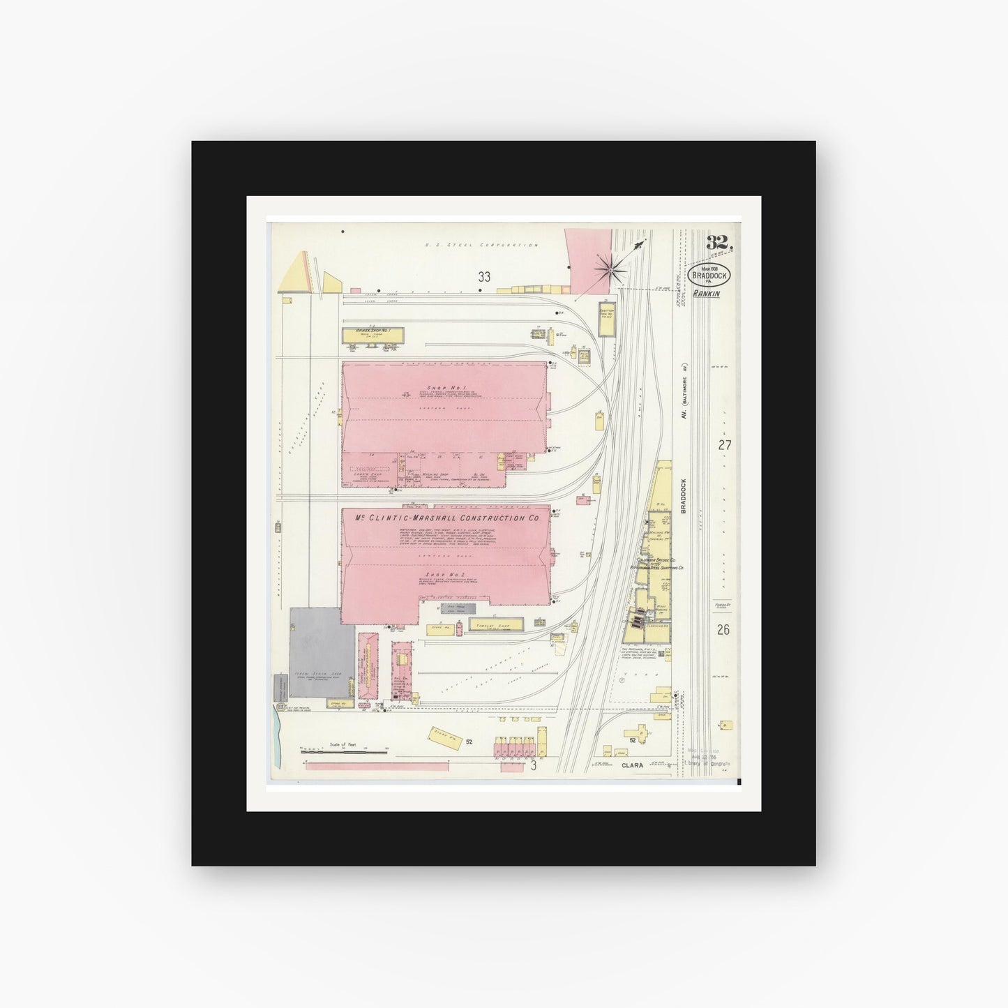 Old map wall art mockup — black gallery frame with white mat — Sanborn Fire Insurance Map from Braddock, Allegheny County, Pennsylvania (1908), Sheet #0032
