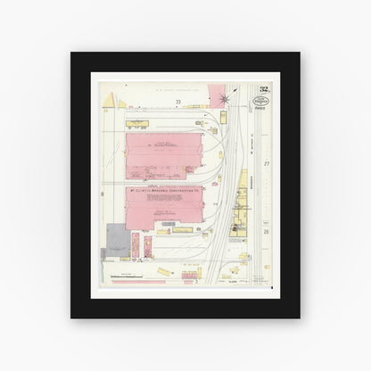 Old map wall art mockup — black gallery frame with white mat — Sanborn Fire Insurance Map from Braddock, Allegheny County, Pennsylvania (1908), Sheet #0032