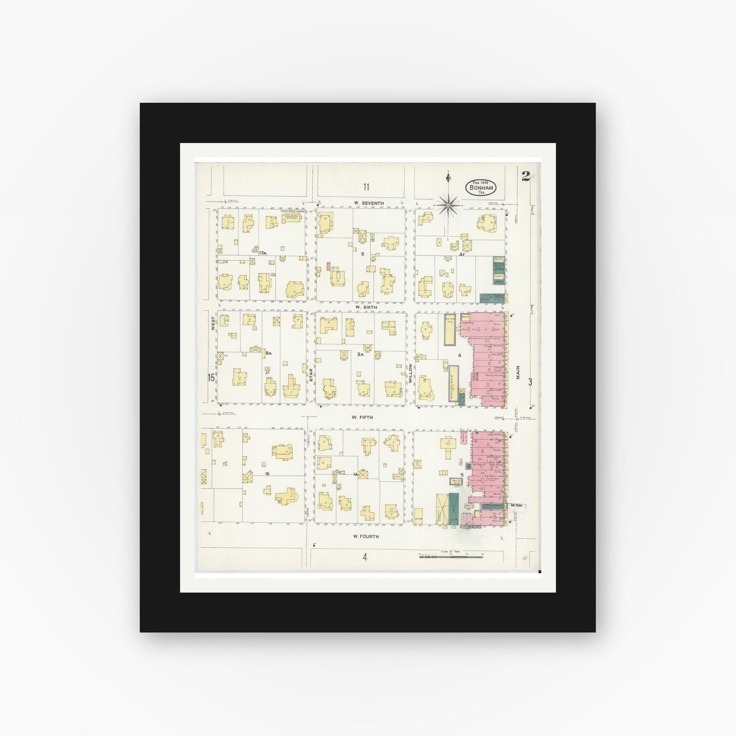 Old map wall art mockup — black gallery frame with white mat — Sanborn Fire Insurance Map from Bonham, Fannin County, Texas (1909), Sheet #0002