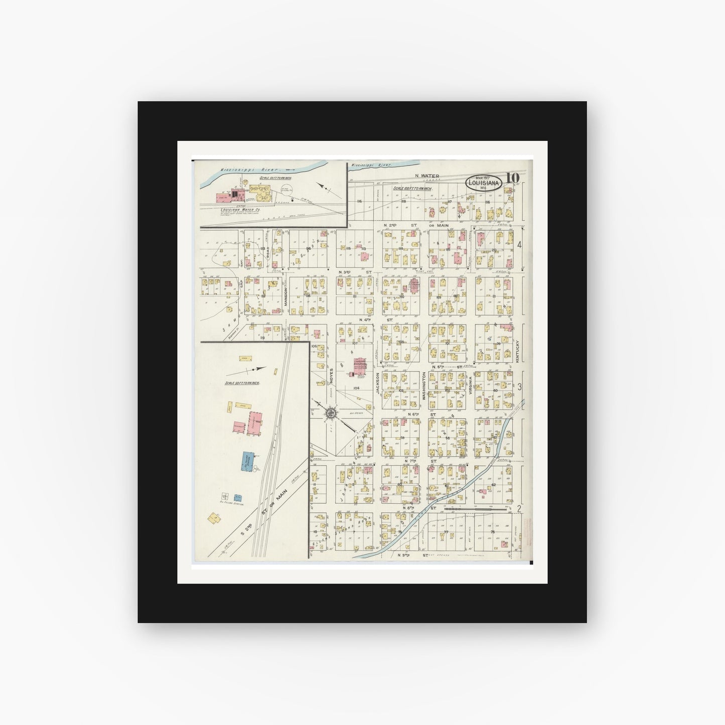 Old map wall art mockup — black gallery frame with white mat — Sanborn Fire Insurance Map from Louisiana, Pike County, Missouri (1917), Sheet #0010