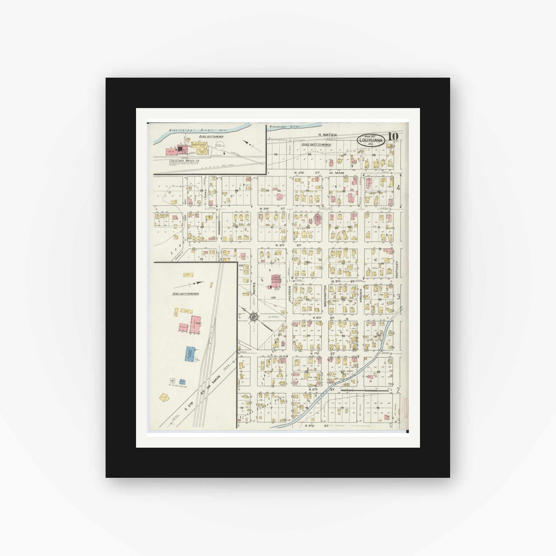 Old map wall art mockup — black gallery frame with white mat — Sanborn Fire Insurance Map from Louisiana, Pike County, Missouri (1917), Sheet #0010