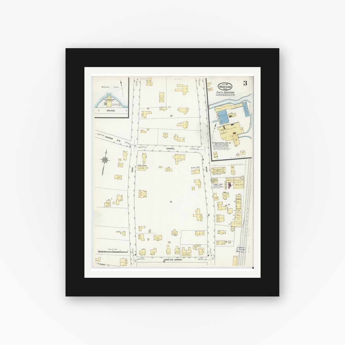 Old map wall art mockup — black gallery frame with white mat — Sanborn Fire Insurance Map from Wareham, Plymouth County, Massachusetts (1912), Sheet #0003