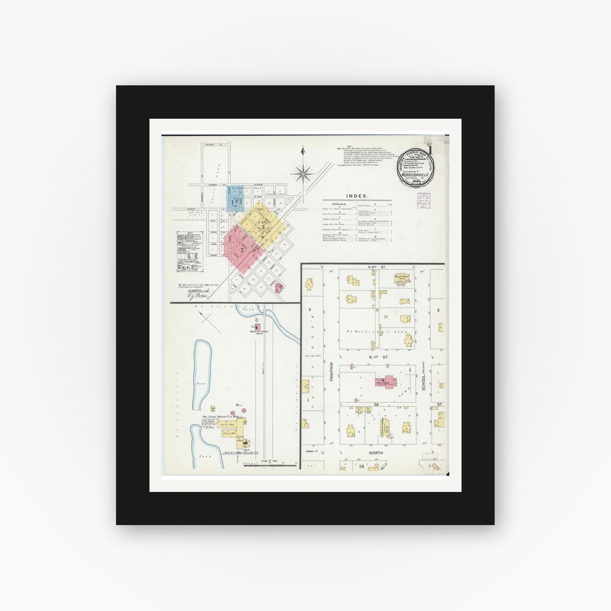 Old map wall art mockup — black gallery frame with white mat — Sanborn Fire Insurance Map from Morrisonville, Christian County, Illinois (1901) - Complete Map Set