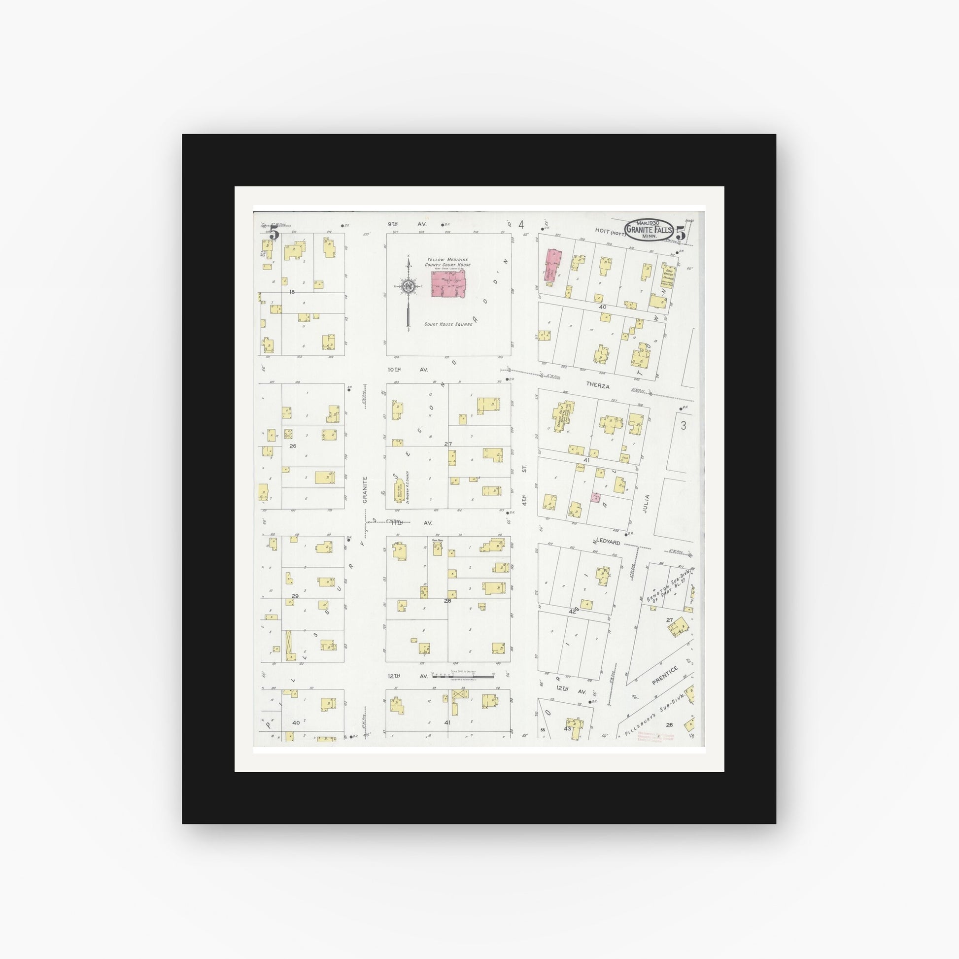 Old map wall art mockup — black gallery frame with white mat — Sanborn Fire Insurance Map from Granite Falls, Yellow Medicine And Chippewa Counties, Minnesota (1930), Sheet #0005