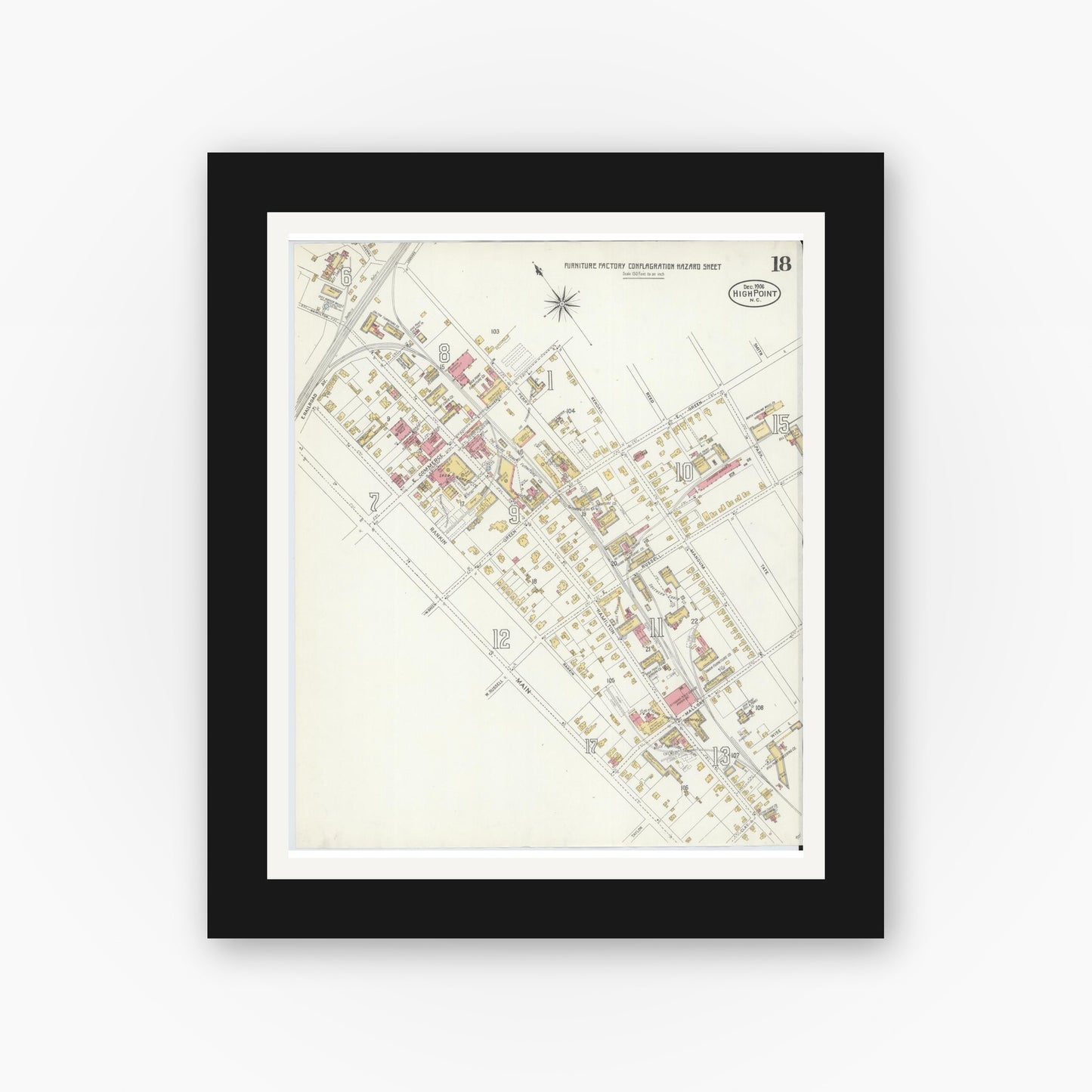 Old map wall art mockup — black gallery frame with white mat — Sanborn Fire Insurance Map from High Point, Guilford County, North Carolina (1906), Sheet #0018