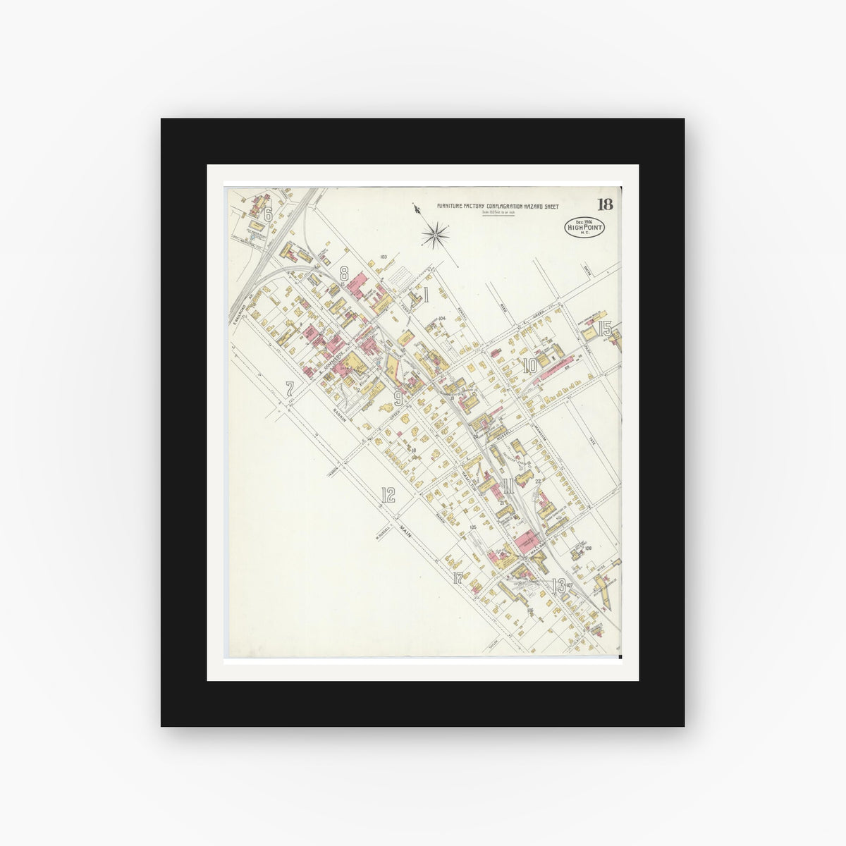 Old map wall art mockup — black gallery frame with white mat — Sanborn Fire Insurance Map from High Point, Guilford County, North Carolina (1906), Sheet #0018