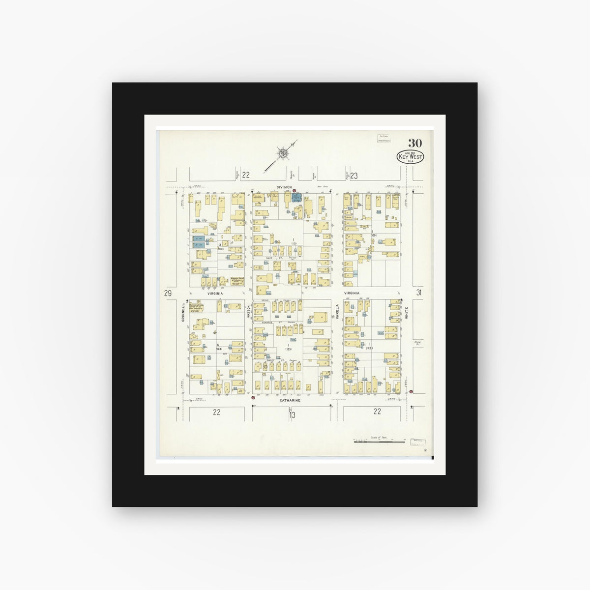 Old map wall art mockup — black gallery frame with white mat — Sanborn Fire Insurance Map from Key West, Monroe County, Florida (1912), Sheet #0030